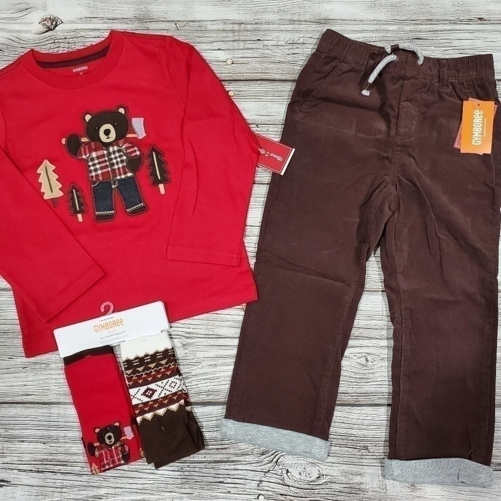 Christmas Holiday Outfit Reindeer Bear Tops Corduroy Pants Socks NWT